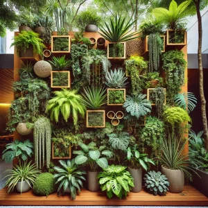 Um jardim vertical exuberante em uma área externa, composto por samambaias, hera, jiboia, asplênio, orquídeas e suculentas. O jardim está montado em u