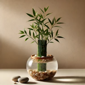 Um planta bambu da sorte em um vaso de vidro com água limpa, decorado com pedras brancas