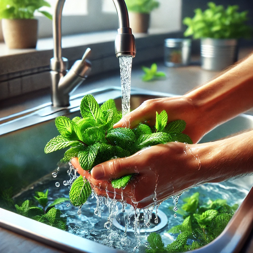 hortelã sendo manipulada por pessoas com ramos frescos nas mãos