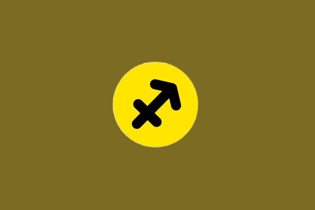 Ilustração do signo de Sagitário, contendo glifo preto de flecha apontada para o alto à direita, em círculo amarelo, em um fundo marrom