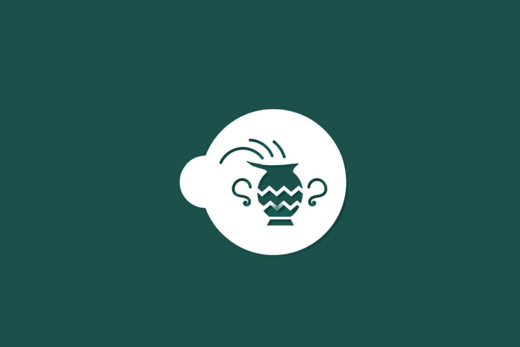 Ilustração do signo de Aquário contendo um vaso com ondas em fundo verde-escuro