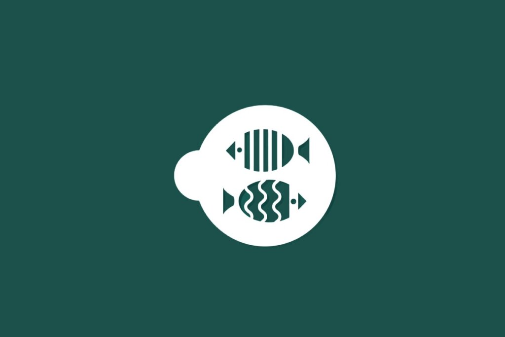 Ilustração do signo de Peixes contendo dois peixes em fundo verde-escuro