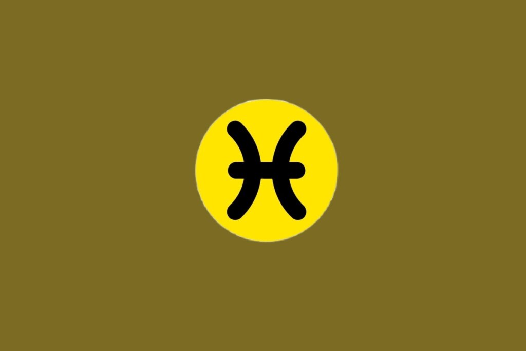 Ilustração do signo de Peixes, contendo duas curvas pretas opostas ligadas por um traço horizontal, em círculo amarelo, em um fundo marrom 