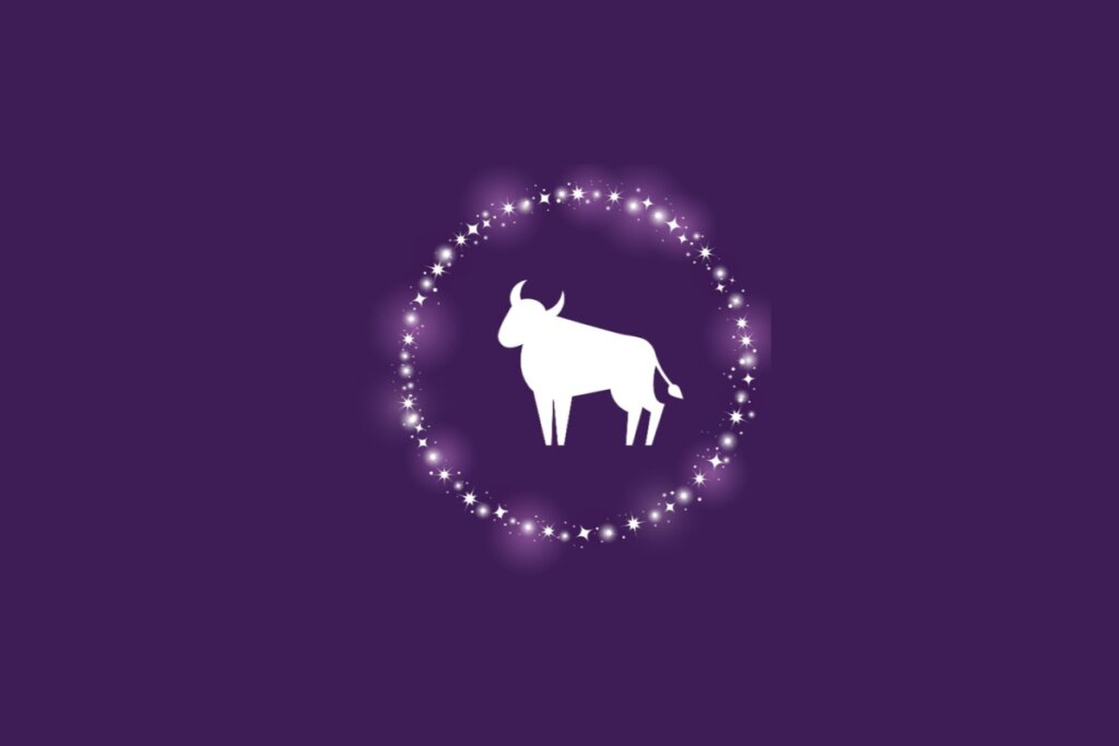 Ilustração do símbolo do signo de Touro com um touro em branco envolvido por pontos brilhantes sobre fundo roxo