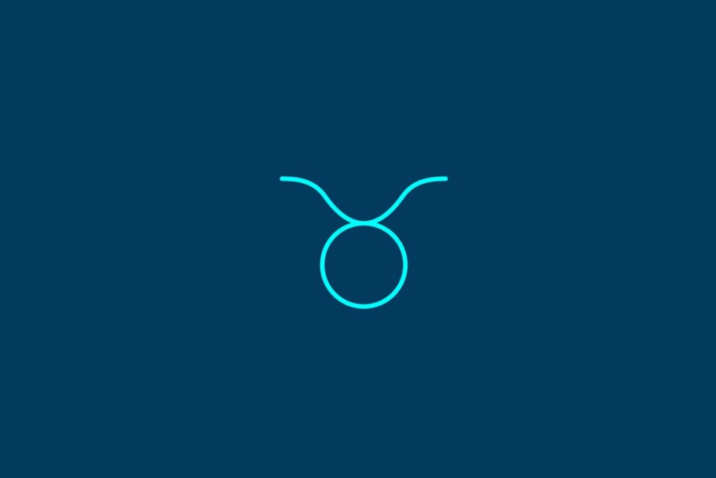 Ilustração do signo de Touro, contendo um círculo com dois chifres curvos voltados para cima, em fundo azul-escuro