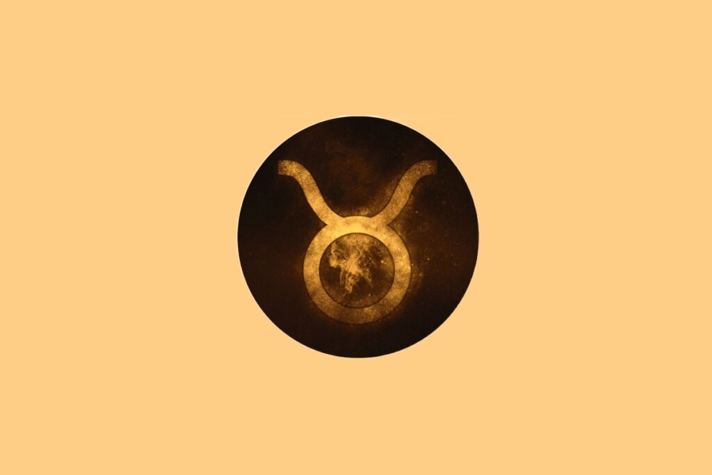 Ilustração do signo de Touro contendo o símbolo do touro com chifres arredondados em fundo amarelado