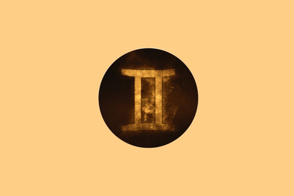 Ilustração do signo de Gêmeos contendo o símbolo de duas colunas paralelas representando dualidade em fundo amarelado