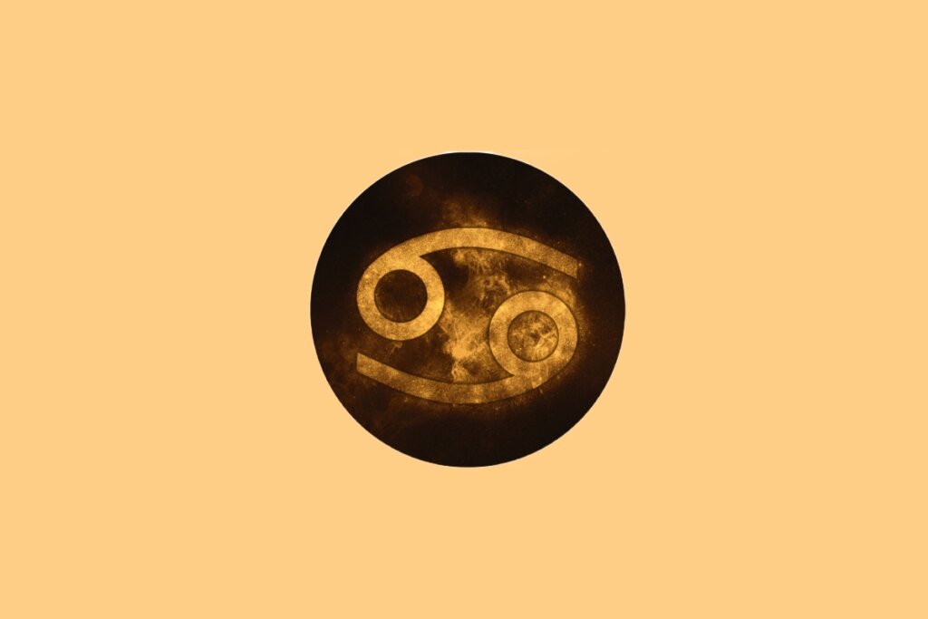 Ilustração do signo de Câncer contendo o símbolo de duas formas curvas opostas associadas ao caranguejo em fundo amarelado