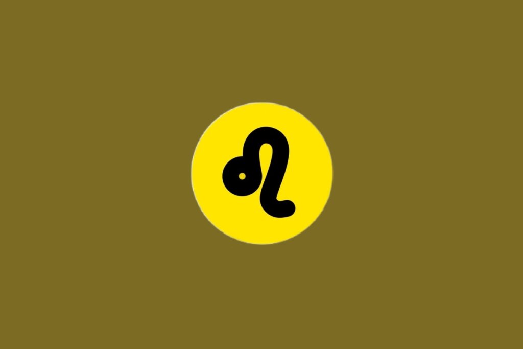 Ilustração do signo de Leão, contendo glifo preto com traço curvo e pequeno círculo, em círculo amarelo, em um fundo marrom