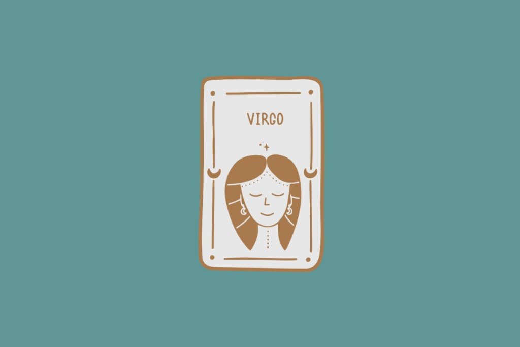 Ilustração do signo de Virgem, em fundo verde-azulado, contendo o rosto de uma mulher com olhos fechados, cabelo dividido ao meio e dois brincos