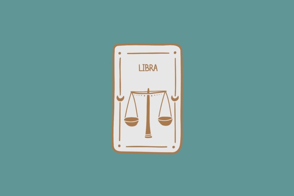 Ilustração do signo de Libra, em fundo verde-azulado, contendo uma balança com dois pratos pendentes em equilíbrio sobre uma haste central vertical
