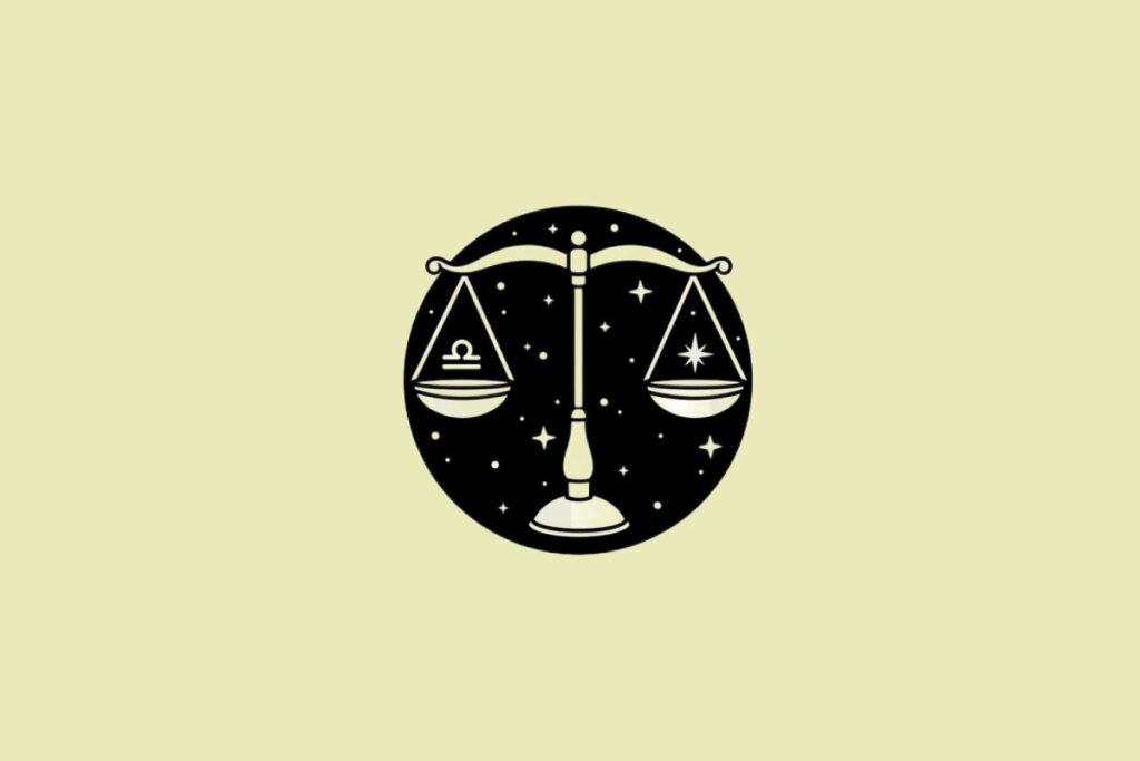 Ilustração do signo de Libra em preto sobre um fundo amarelo