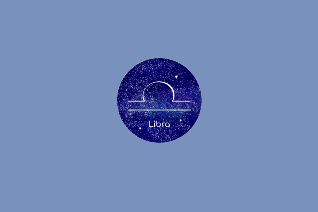 Ilustração do signo de Libra contendo o símbolo de uma linha horizontal com arco central semelhante a uma balança em fundo azul