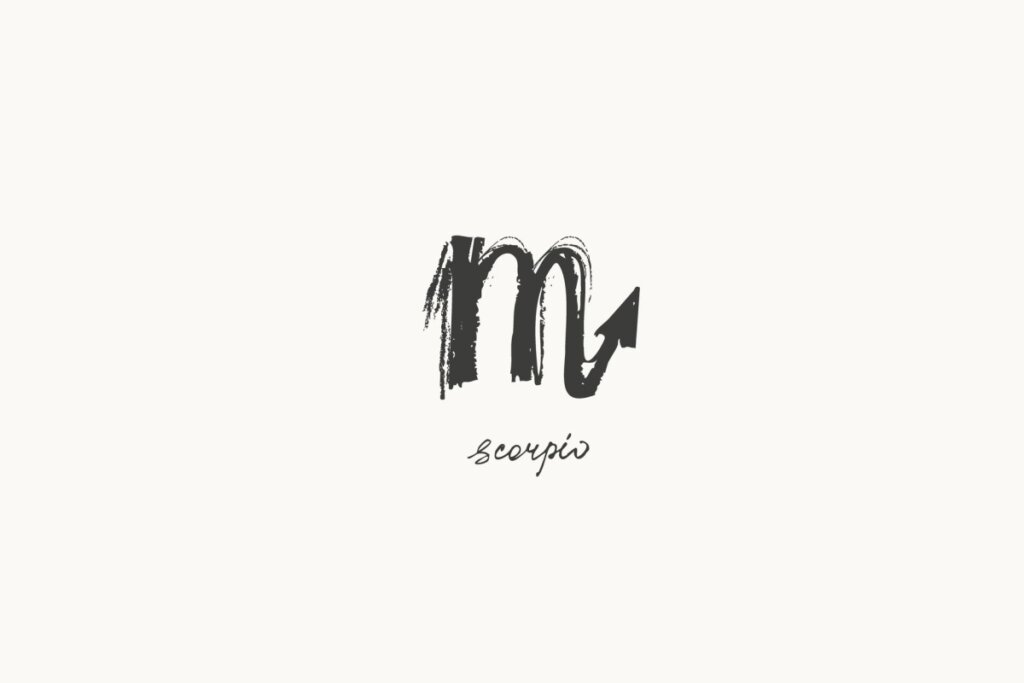 Ilustração do signo de Escorpião, composta por um traço curvado em forma de “M” com uma seta apontada para cima no final, em fundo claro