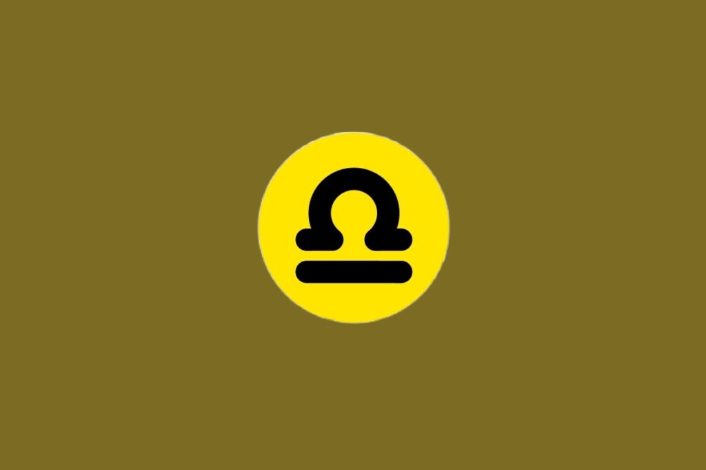Ilustração do signo de Libra, contendo glifo preto com arco sobre uma linha horizontal, em círculo amarelo, em um fundo marrom