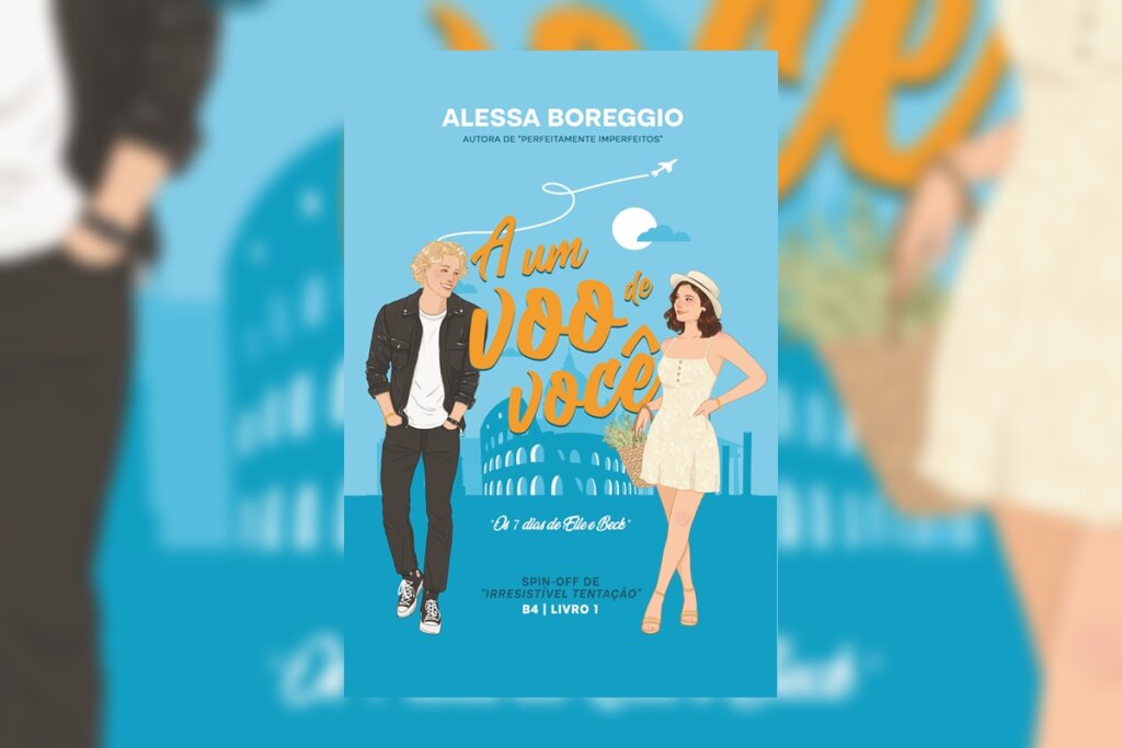 Capa do livro "A um voo de você", com a ilustração de um casal sobre um fundo azul-claro