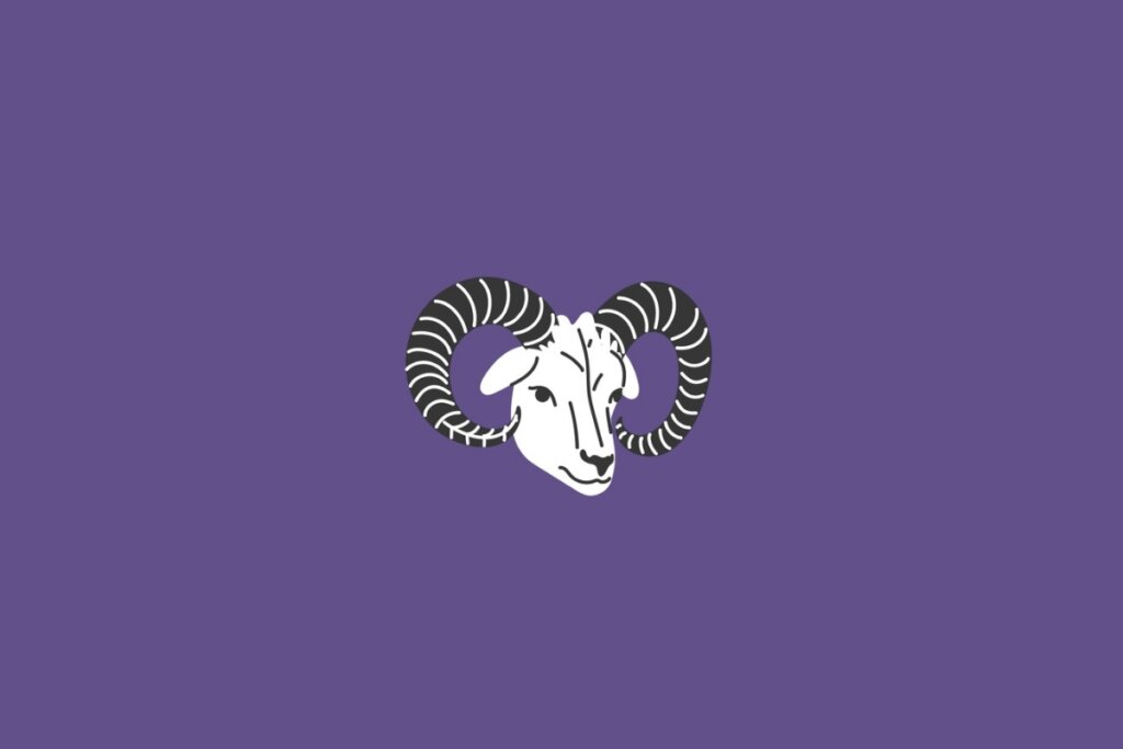Ilustração de um carneiro, representando o signo de áries, em um fundo roxo-escuro