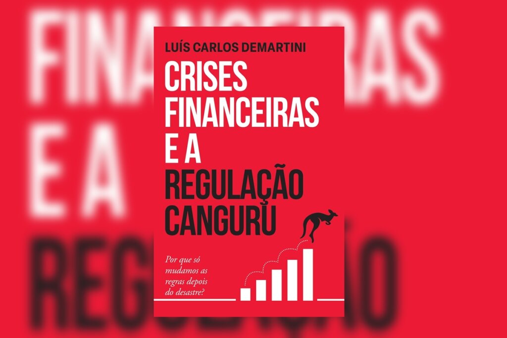 Capa do livro “Crises Financeiras e a Regulação Canguru”, com ilustração de colunas em ascensão e um canguru sobre elas na parte inferior. O título aparece no canto superior esquerdo, sobre fundo vermelho