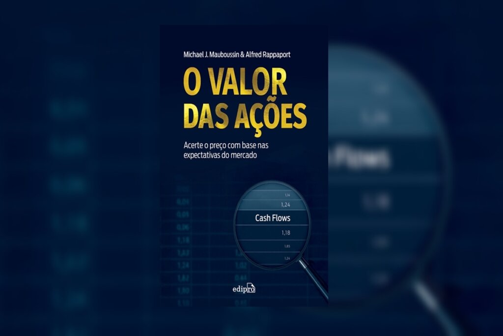 Capa do livro "O valor das ações", com o nome em dourado na parte superior e a ilustração de uma lupa na parte inferior, sobre um fundo azul-escuro 
