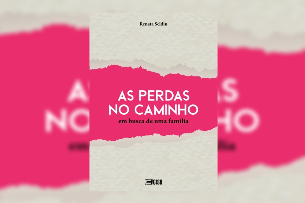 Capa do livro "As perdas no caminho", com o nome em branco e centralizado sobre uma fenda rosa em um fundo bege 