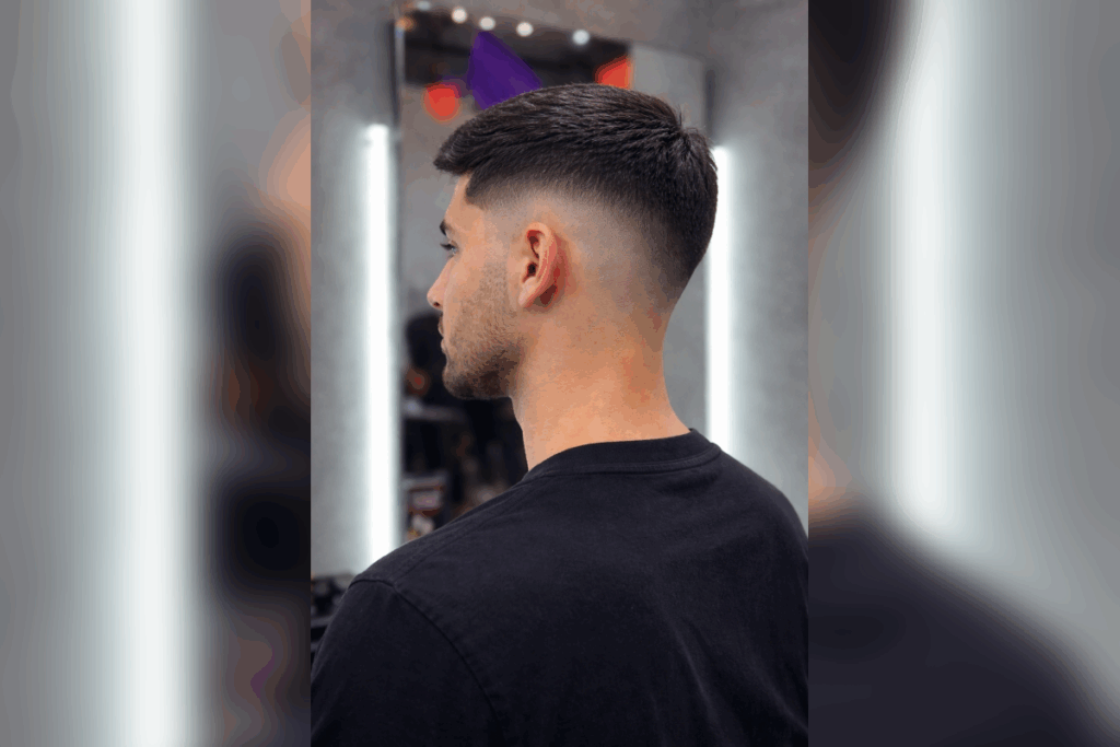 Homem visto de perfil e costas com corte degradê tradicional, laterais em transição suave e topo curto