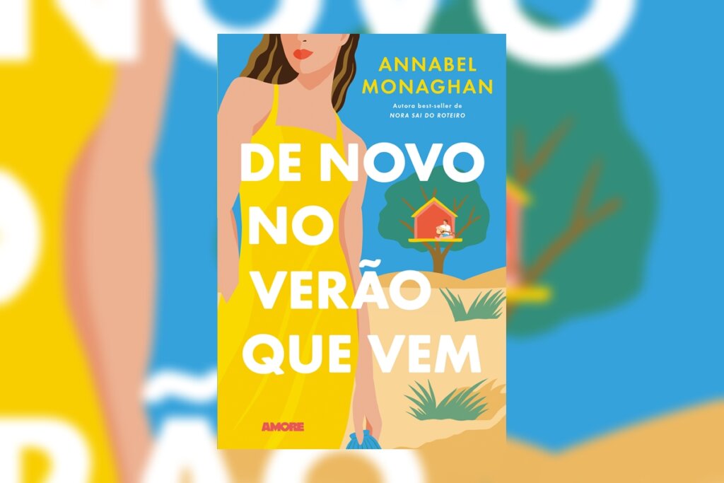 Capa do livro "De novo no verão que vem", com a ilustração de uma mulher usando um vestido amarelo e uma cada na árvore ao fundo 