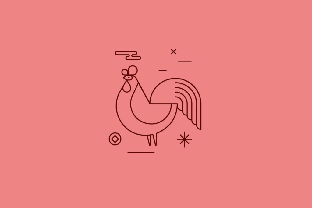 Ilustração minimalista em linhas marrons de um galo com cauda em leque e crista definida, sobre um fundo rosa salmão. Símbolos de moedas e estrelas completam o design.