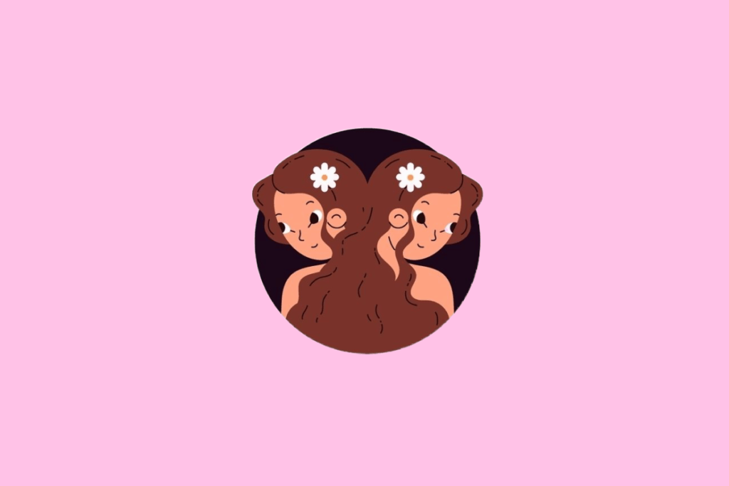 Ilustração de duas mulheres idênticas, de perfil e costas uma para a outra, com cabelos castanhos presos e uma flor branca em cada lado