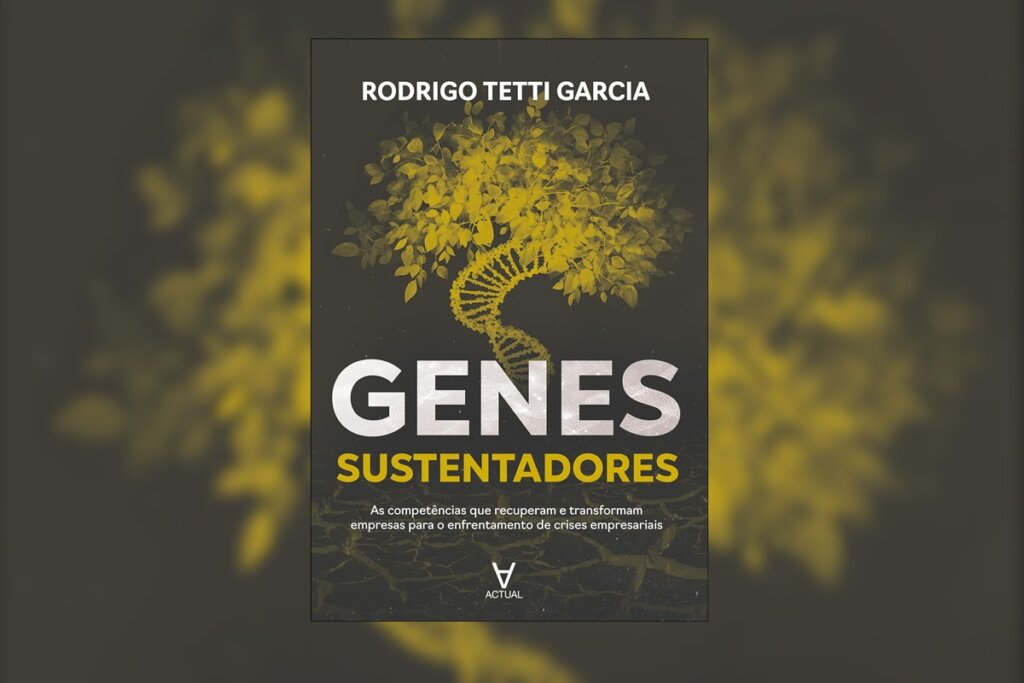 Capa do livro "Genes sustentadores", com a ilustração de um DNA amarelo no formato de uma árvore sobre um fundo preto