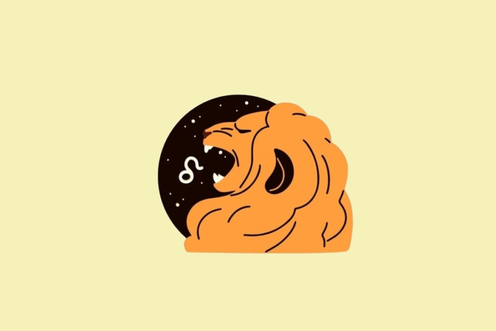 Ilustração do signo de Leão, focada na cabeça de um leão rugindo em tons de laranja