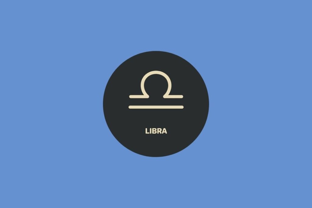 Círculo preto com ilustração bege do nome e símbolo do signo de libra sobre fundo azul