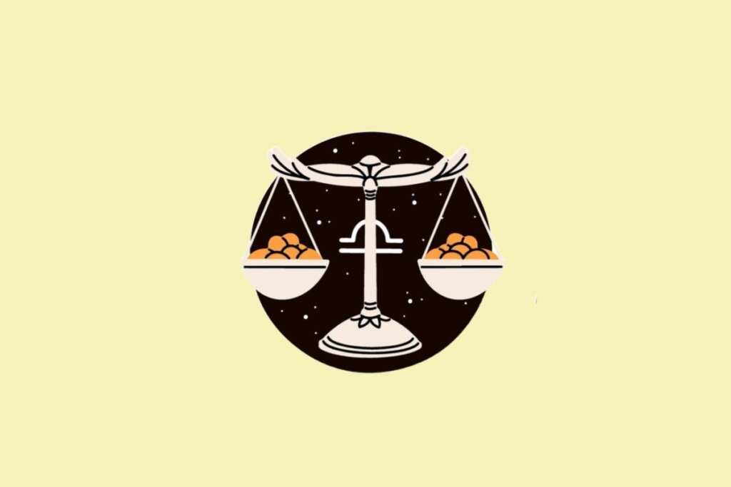 Ilustração estilizada do signo de Libra, representada por uma balança de dois pratos em perfeito equilíbrio. O desenho tem traços pretos e beges sobre um círculo preto que simula o céu estrelado, tudo centralizado em um fundo amarelo claro