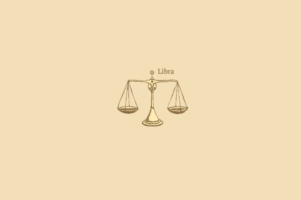 Ilustração do signo de libra centralizado, com o nome do signo embaixo, em um fundo amarelo
