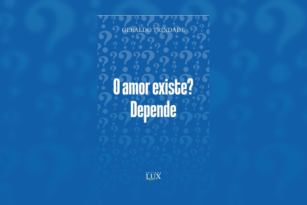 Capa do livro "O amor existe? Depende", com o nome do livro escrito em um fundo azul-escuro 