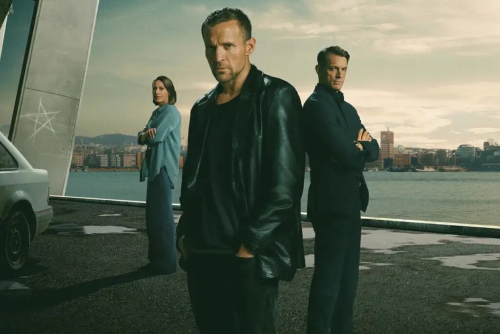 Capa da série "Os Casos de Harry Hole", com o protagonista em pé no centro e uma mulher e homem no fundo, um de cada lado, com um rio e cidade de plano de fundo