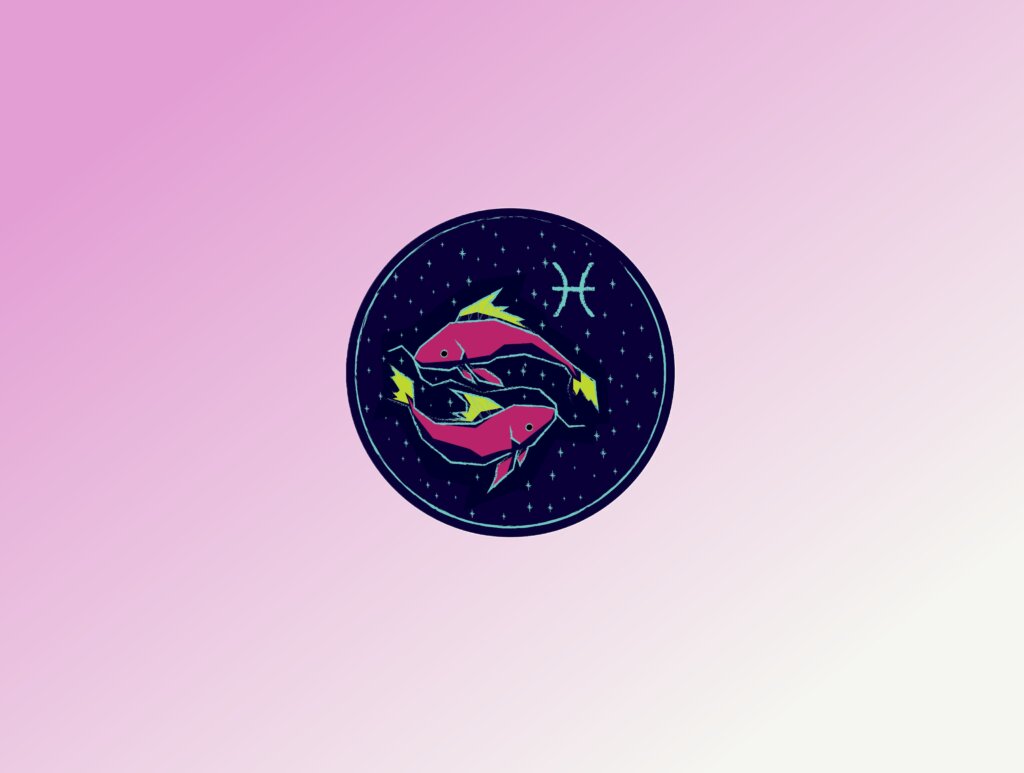 Ilustração estilizada em um círculo azul escuro com estrelas, mostrando dois peixes de cor rosa vibrante com barbatanas amarelas, nadando em direções opostas. Ao lado, o símbolo astrológico de Peixes em azul claro. O fundo geral da imagem é um degradê rosa.