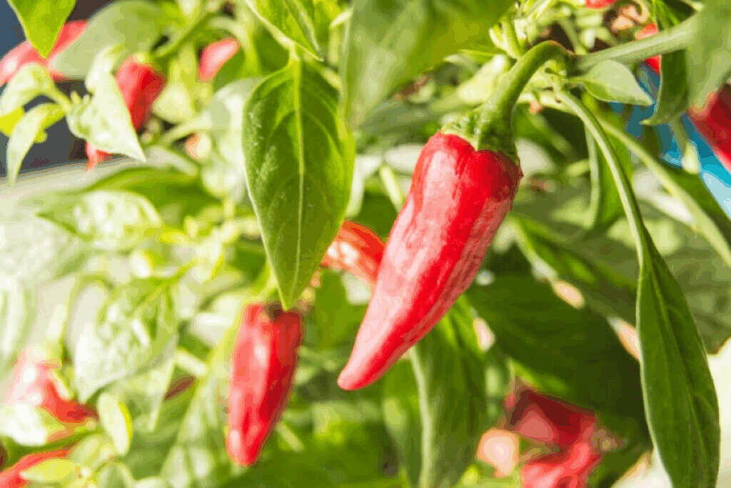 Uma pimenteira com foco em uma pimenta vermelha vibrante e alongada em primeiro plano. A pimenta possui uma textura levemente brilhante e está pendurada em um caule verde. Ao redor, há diversas outras pimentas vermelhas com folhas verdes