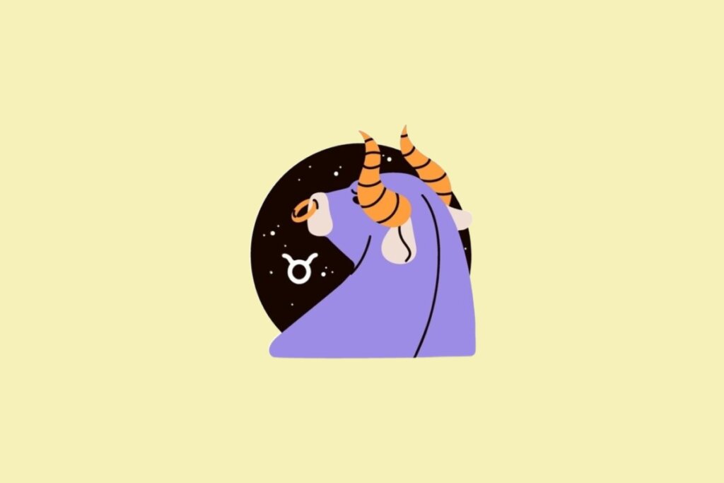 Ilustração do signo de Touro, com o perfil de um touro roxo de chifres laranjas