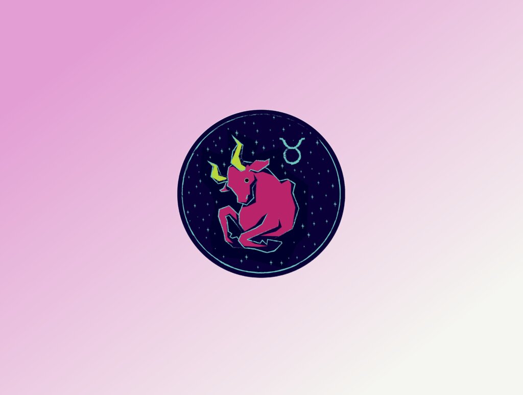 Ilustração estilizada em um círculo azul escuro com estrelas, retratando um touro robusto na cor rosa vibrante com chifres amarelos curvados. Ao lado, o símbolo astrológico de Touro. O fundo geral da imagem é um degradê rosa.