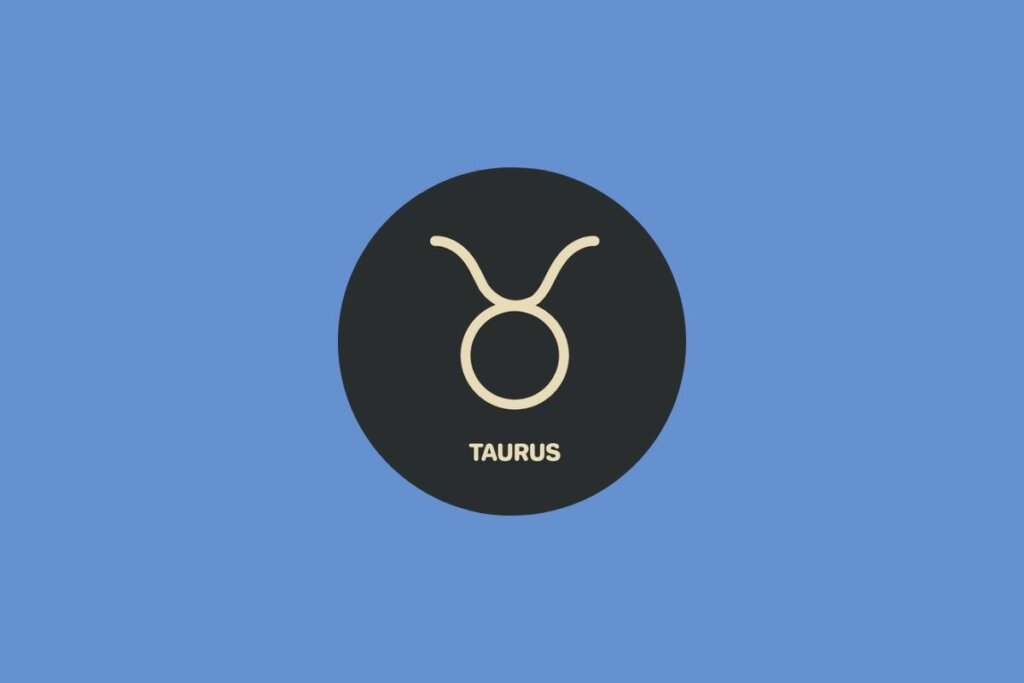 Círculo preto com ilustração bege do nome e símbolo do signo de touro sobre fundo azul