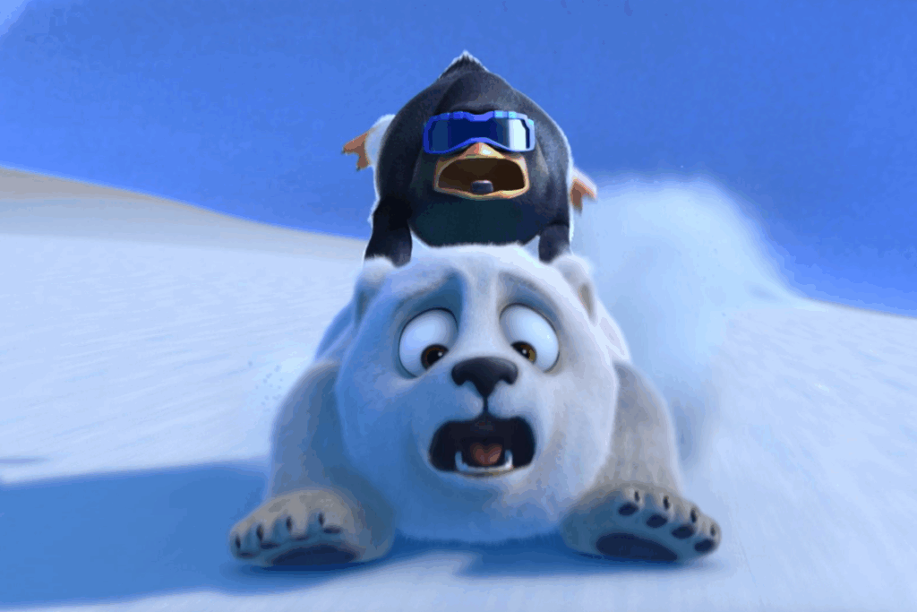 Pinguim animado deslizando na neve sobre um urso polar, ambos com expressão de surpresa