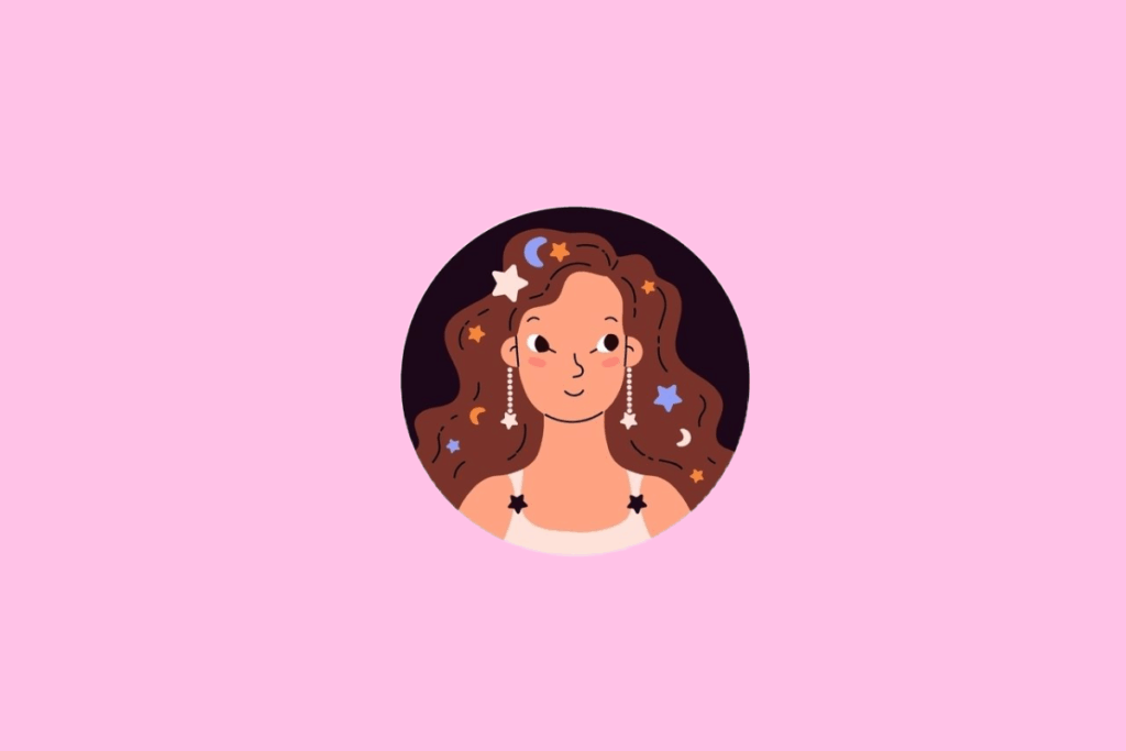 Ilustração de uma mulher jovem com longos cabelos castanhos ondulados, adornados com pequenas estrelas e luas coloridas. Ela usa brincos de pérolas com pingentes de estrela e uma blusa branca de alças finas