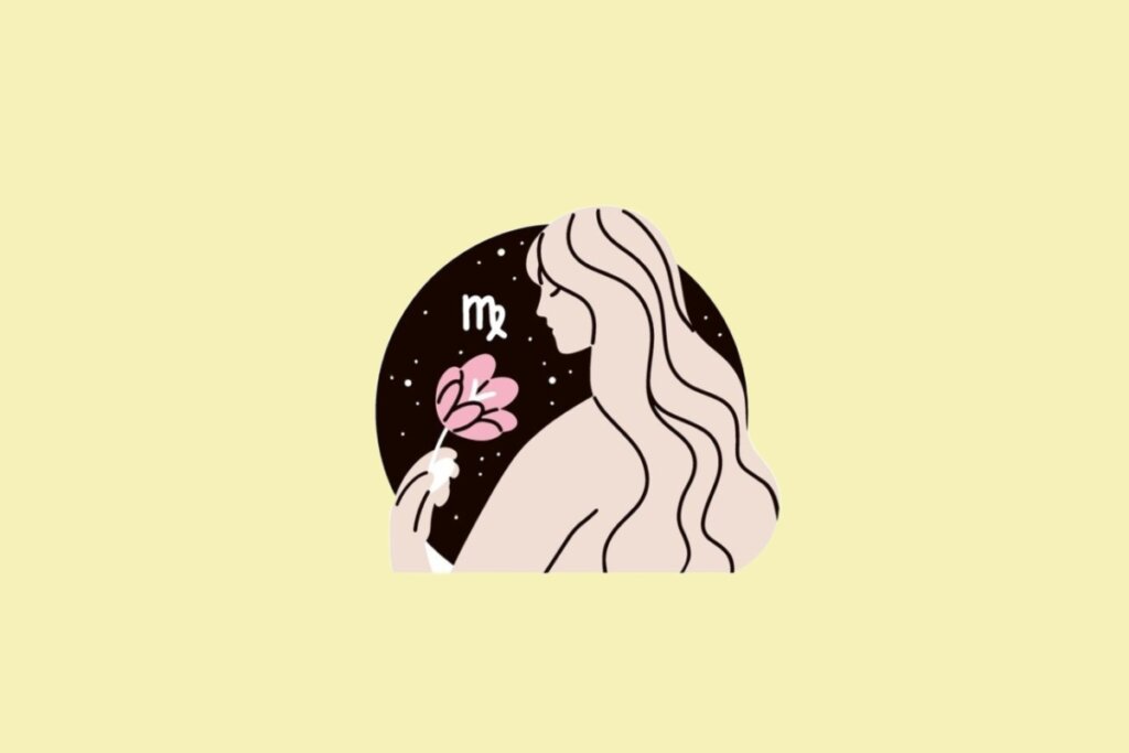 Ilustração do signo de Virgem, apresentando o perfil de uma mulher de longos cabelos segurando uma flor rosa