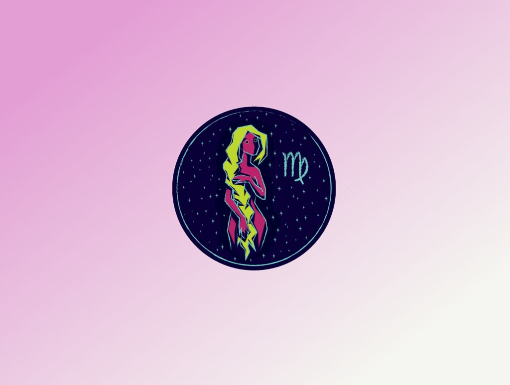Ilustração estilizada em um círculo azul escuro com estrelas, exibindo a silhueta de uma mulher em rosa vibrante com longos cabelos amarelos que cobrem parte de seu corpo. Ao lado, o símbolo astrológico de Virgem. O fundo geral da imagem é um degradê rosa.
