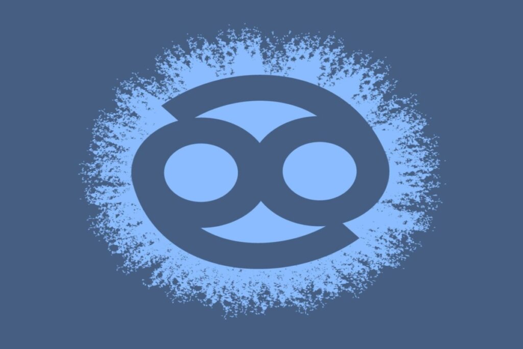 Ilustração do símbolo do signo de câncer em círculo azul-claro sobre fundo azul-escuro