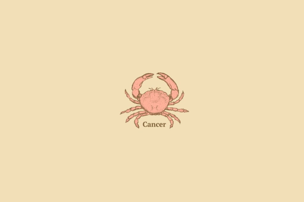 Ilustração do signo de câncer centralizado, com o nome do signo embaixo, em um fundo amarelo
