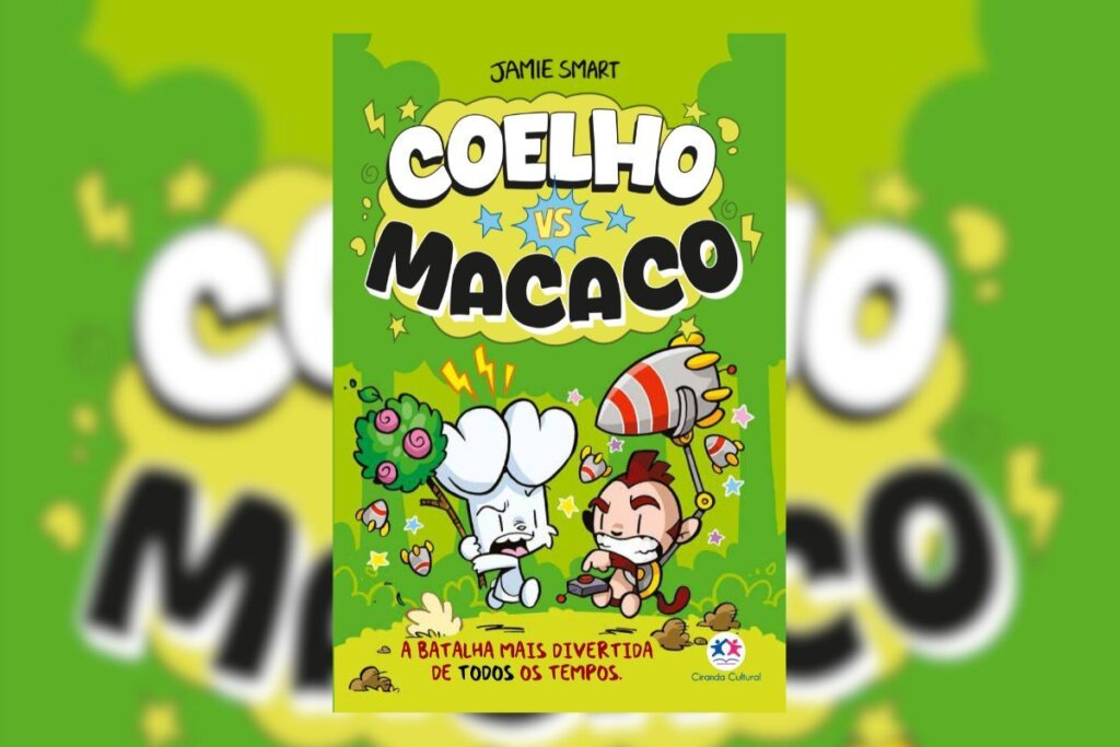 Capa do livro " Coelho vs Macaco a batalha mais divertida de todos os tempos", com a ilustração de um coelho e um macaco brigando 