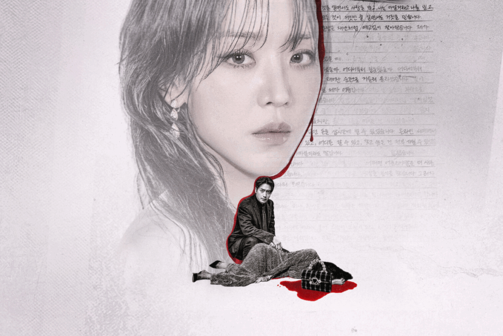 Imagem em preto e branca com rosto de uma mulher coreana, com um rastro de sangue escorrendo para um corpo no chão com homem ao lado