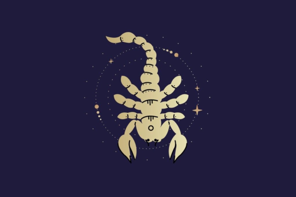 Ilustração dourada de escorpião representando o signo de escorpião sobre fundo azul-escuro
