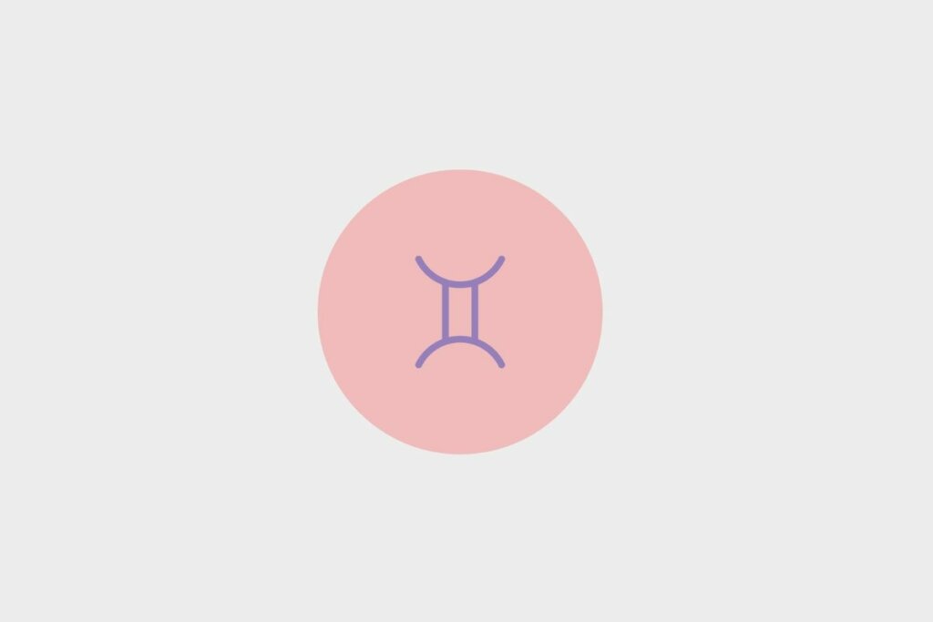 Ilustração roxa do símbolo do signo de gêmeos em círculo rosa sobre fundo cinza